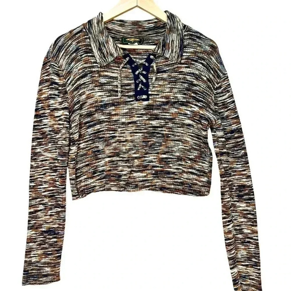 Free People Womens Multicolor Cotton Striped Long Sleeve Collared Crop Sweater M - Picture 1 of 5